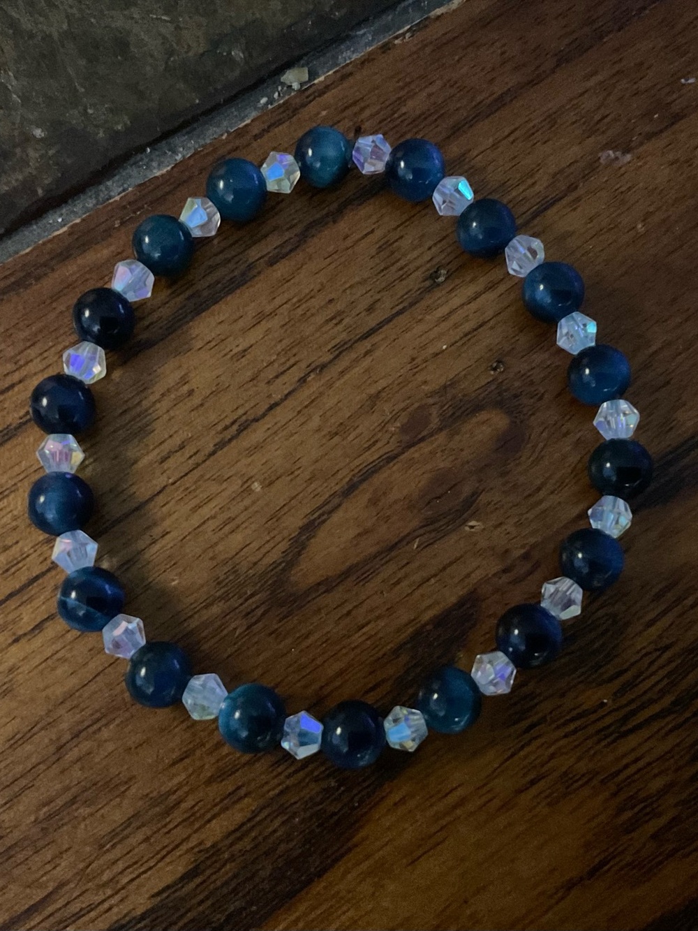 Blue Tiger’s EyeBeaded Stretch Bracelet with Iridescent Crystal Accents